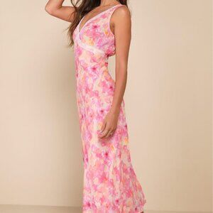 Lulus Picture-perfect Days Pink Multi Floral Lace V-neck Midi Dress - Size XL